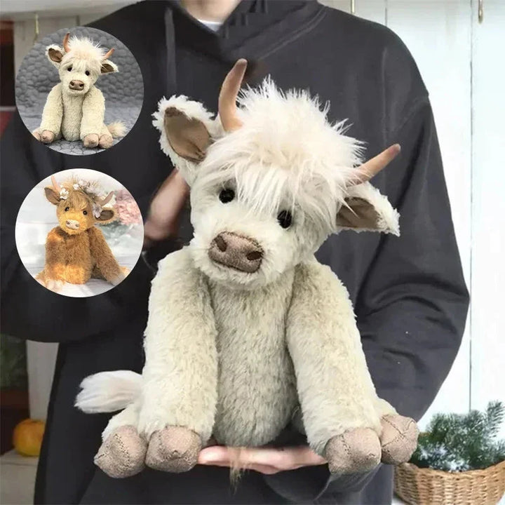 Collectible brown highland cow plush toy wearing an elegant floral crown, a unique present.
