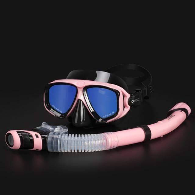 Diving goggles and dry snorkel set, anti-fog tempered glass for clear underwater gear