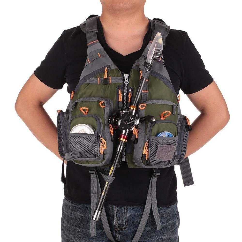 Adult outdoor fishing vest with multiple pockets for angling and kayak fishing gear
