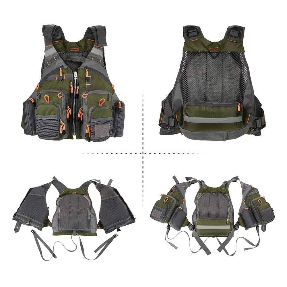 Multifunctional fishing vest, olive green, designed for fly fishing and outdoor adventures