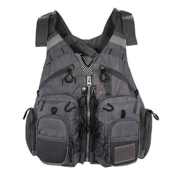 Back view of a grey multifunctional fishing vest for general angling and outdoor use