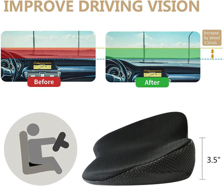 Adult car booster seat cushion designed for back pain relief & improved posture while driving.