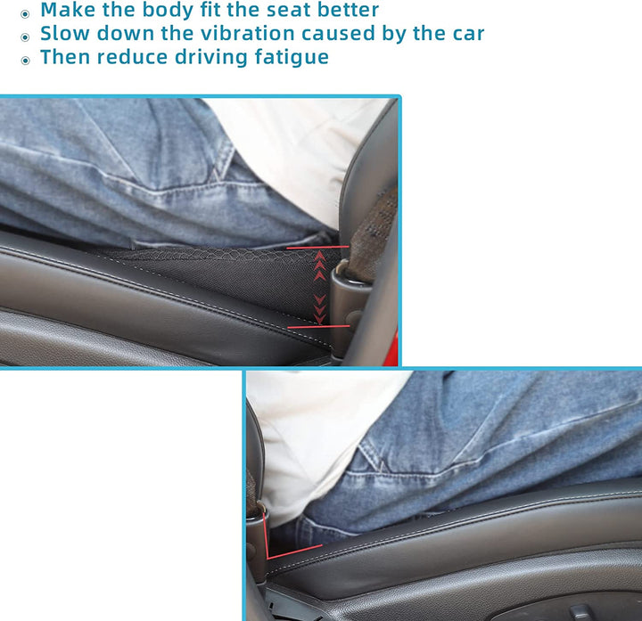 Adult using a car booster seat cushion for a comfortable & elevated driving experience.