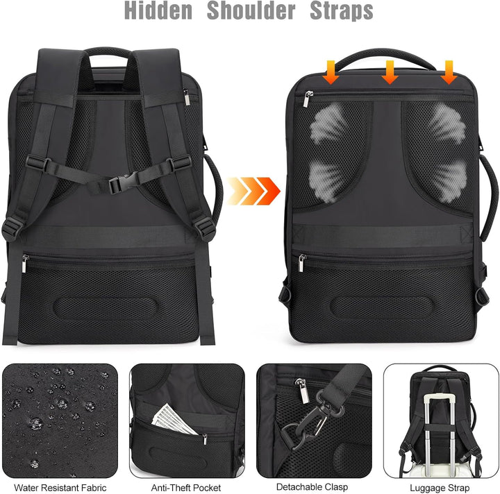 Front view of AeroPack anti-theft travel backpack, showcasing its sleek design & secure zippers for peace of mind.