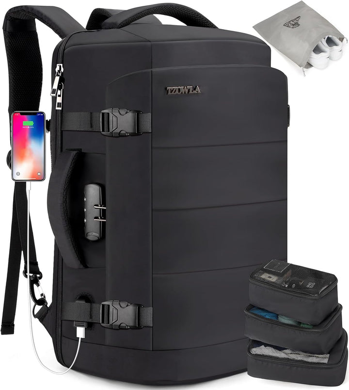 Unisex model wearing AeroPack 40L travel backpack, highlighting ergonomic design & comfort for daily commute.