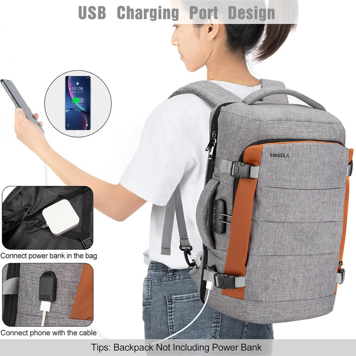 AeroPack 40L water-resistant carry-on backpack at an airport, ideal for stress-free international travel.