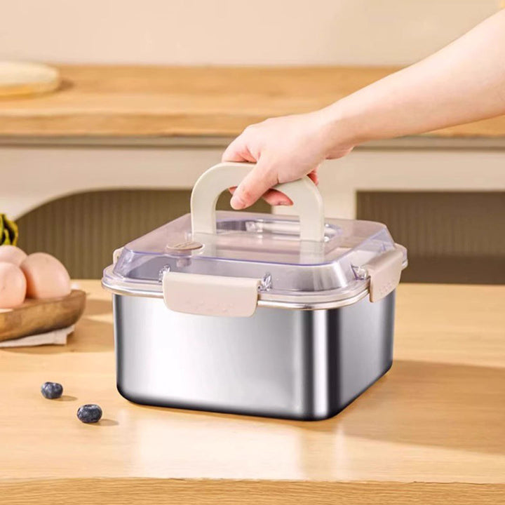 Robust stainless steel lunch box with airtight lid, keeping food fresh for camping and work.