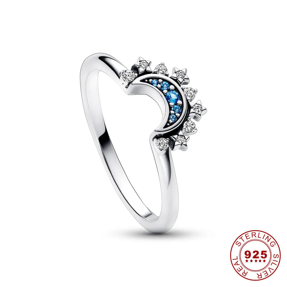Anello in argento 925 per donna con cristallo, design sole e luna; elegante, celestiale; stile sofisticato, lucente.