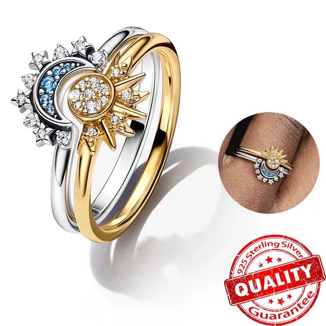 Anello in argento 925 per donna con cristallo, design sole e luna; elegante, celestiale; stile sofisticato, lucente.