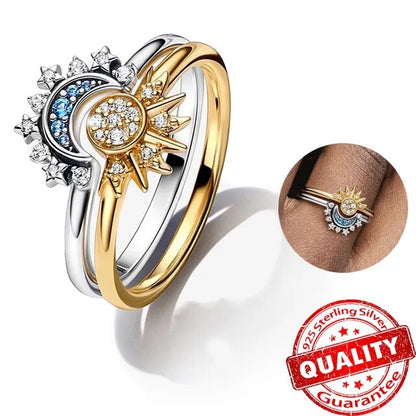 Anello in argento 925 per donna con cristallo, design sole e luna; elegante, celestiale; stile sofisticato, lucente.