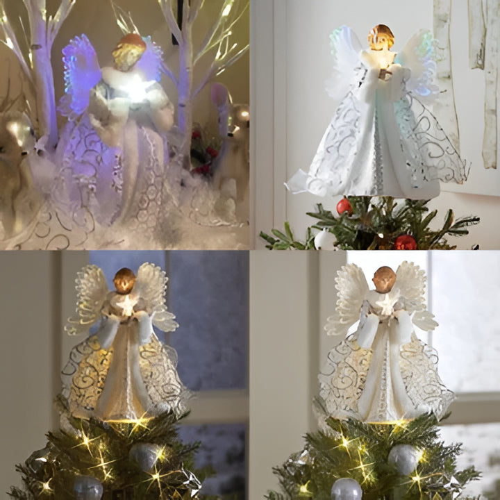 Shimmering animated angel tree topper featuring LED fiber optic lights for festive Christmas holiday decor.