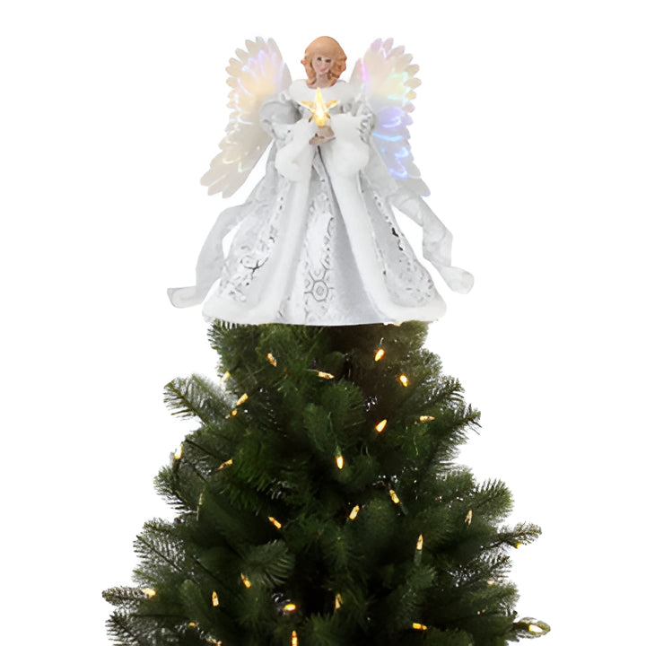 Elegant animated angel Christmas tree topper with shimmering wings and bright LED lights for festive home decor.