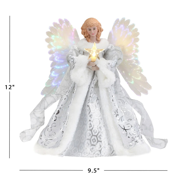 Close-up of animated Christmas angel tree topper, shimmering wings, and glowing LED fiber optic lights.