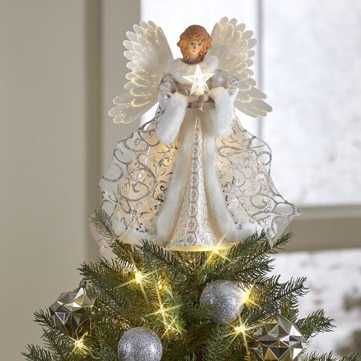 Festive Christmas angel tree topper with animated shimmering wings and colorful LED and fiber optic lights.