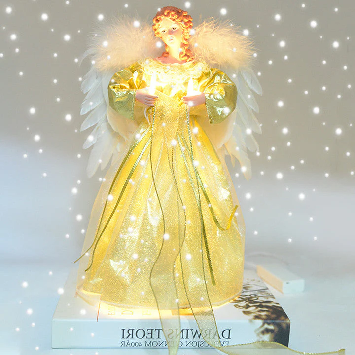 Beautiful animated angel tree topper, shimmering wings, & vibrant LED lights, ideal Christmas holiday decoration.