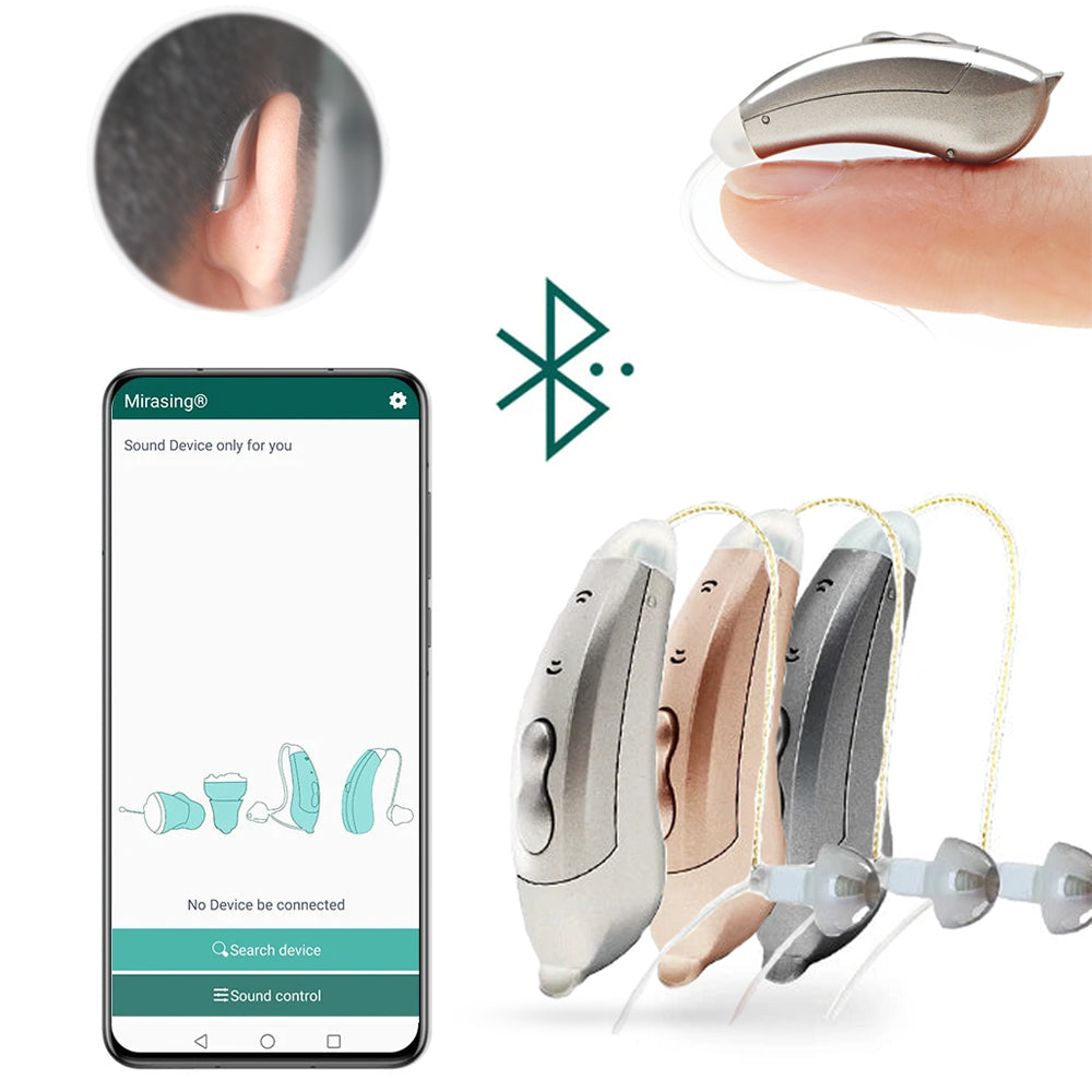 "Apparecchi acustici Bluetooth, discreti e moderni, visuale frontale. Controllo tramite app per udito cristallino ovunque."