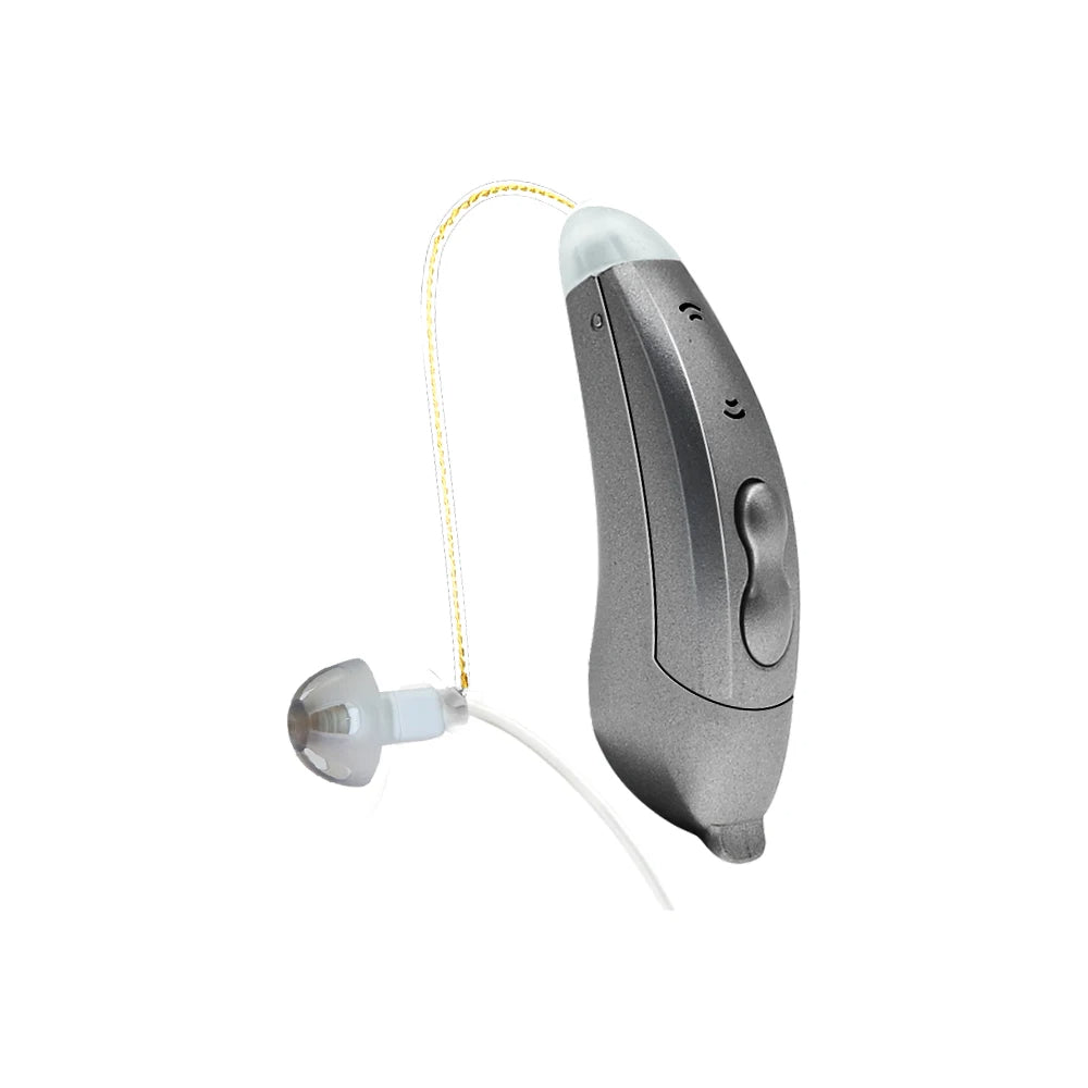 "Apparecchi acustici Bluetooth, discreti e moderni, visuale frontale. Controllo tramite app per udito cristallino ovunque."