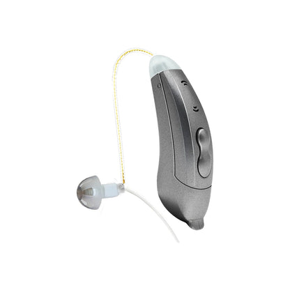 "Apparecchi acustici Bluetooth, discreti e moderni, visuale frontale. Controllo tramite app per udito cristallino ovunque."