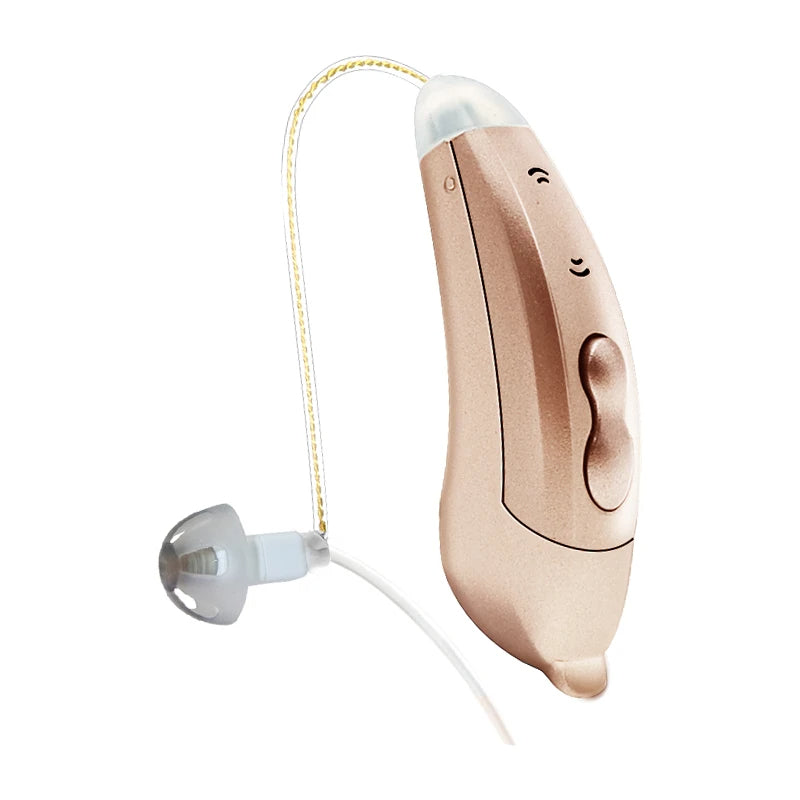 "Apparecchi acustici Bluetooth, discreti e moderni, visuale frontale. Controllo tramite app per udito cristallino ovunque."
