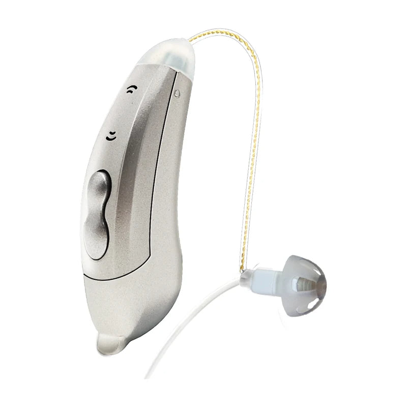 "Apparecchi acustici Bluetooth, discreti e moderni, visuale frontale. Controllo tramite app per udito cristallino ovunque."