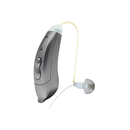 "Apparecchi acustici Bluetooth, discreti e moderni, visuale frontale. Controllo tramite app per udito cristallino ovunque."