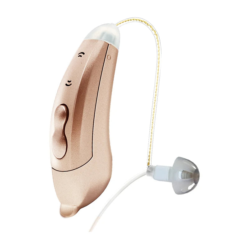 "Apparecchi acustici Bluetooth, discreti e moderni, visuale frontale. Controllo tramite app per udito cristallino ovunque."