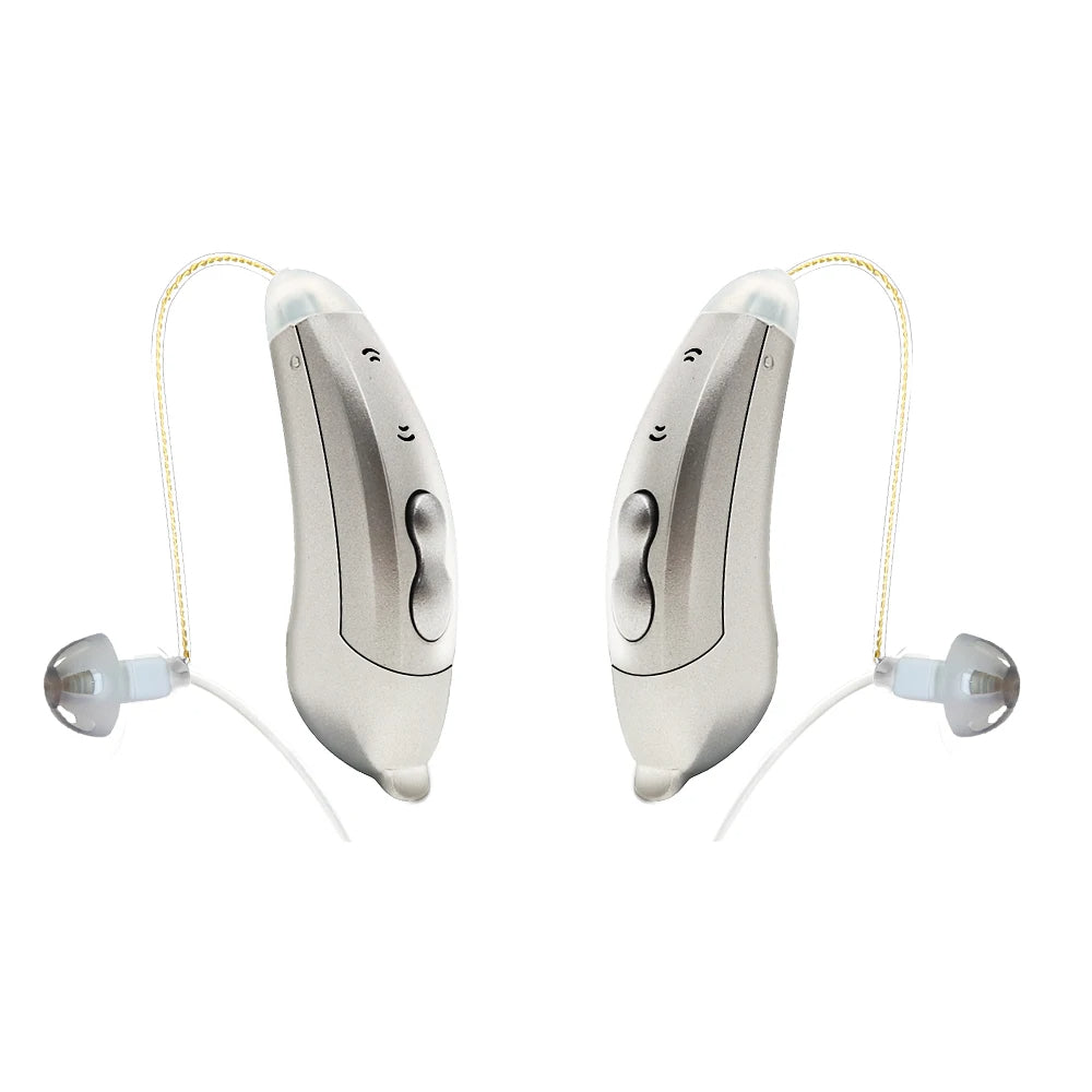 "Apparecchi acustici Bluetooth, discreti e moderni, visuale frontale. Controllo tramite app per udito cristallino ovunque."