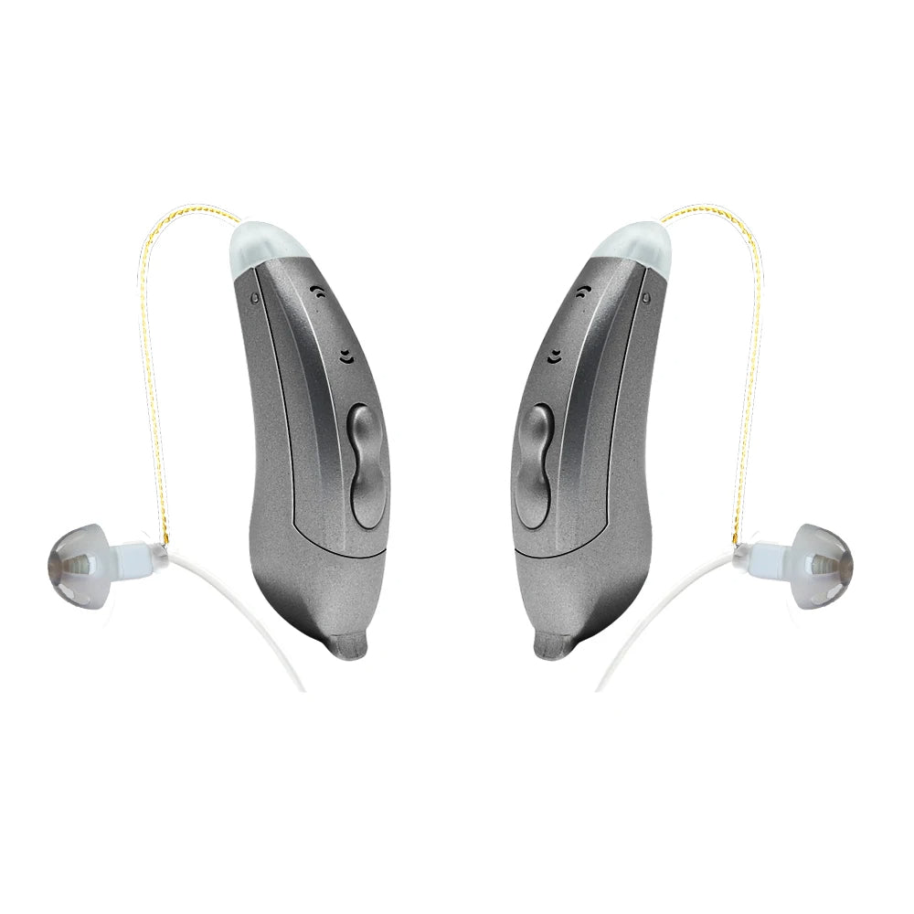 "Apparecchi acustici Bluetooth, discreti e moderni, visuale frontale. Controllo tramite app per udito cristallino ovunque."