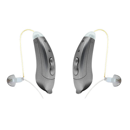 "Apparecchi acustici Bluetooth, discreti e moderni, visuale frontale. Controllo tramite app per udito cristallino ovunque."