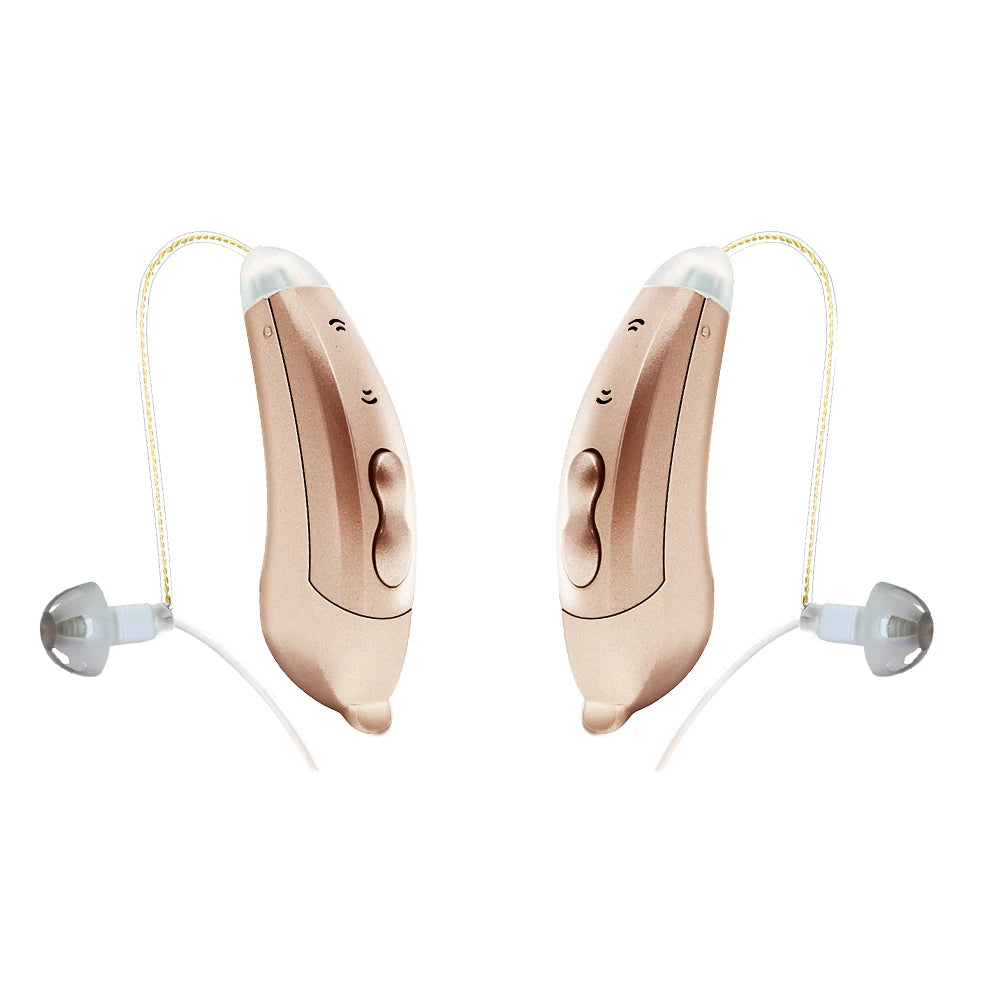 "Apparecchi acustici Bluetooth, discreti e moderni, visuale frontale. Controllo tramite app per udito cristallino ovunque."