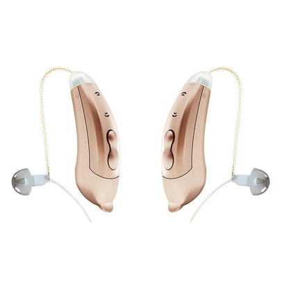 "Apparecchi acustici Bluetooth, discreti e moderni, visuale frontale. Controllo tramite app per udito cristallino ovunque."