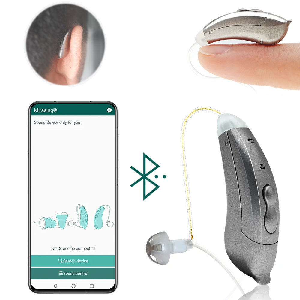"Apparecchi acustici Bluetooth, discreti e moderni, visuale frontale. Controllo tramite app per udito cristallino ovunque."