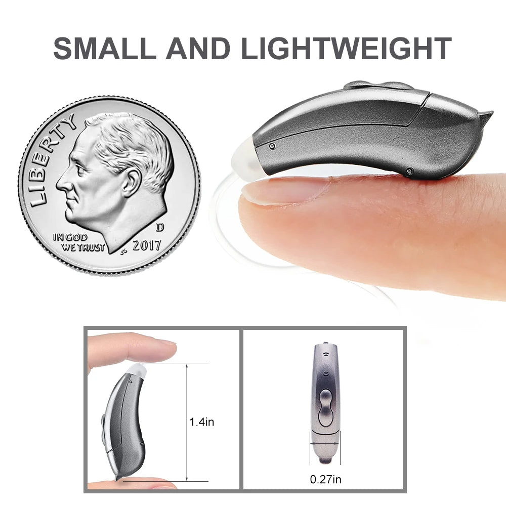 "Apparecchi acustici Bluetooth, discreti e moderni, visuale frontale. Controllo tramite app per udito cristallino ovunque."