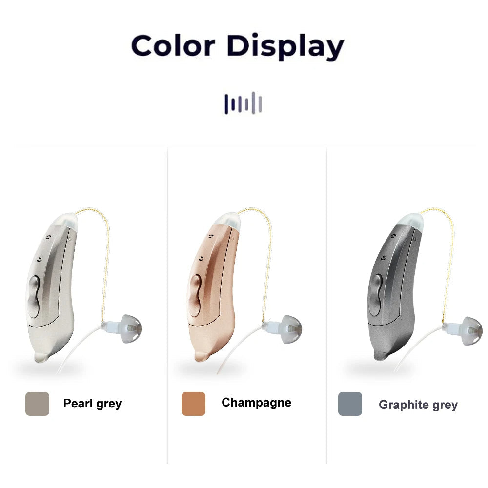 "Apparecchi acustici Bluetooth, discreti e moderni, visuale frontale. Controllo tramite app per udito cristallino ovunque."