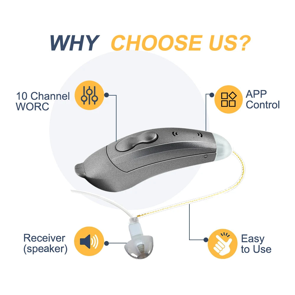 "Apparecchi acustici Bluetooth, discreti e moderni, visuale frontale. Controllo tramite app per udito cristallino ovunque."