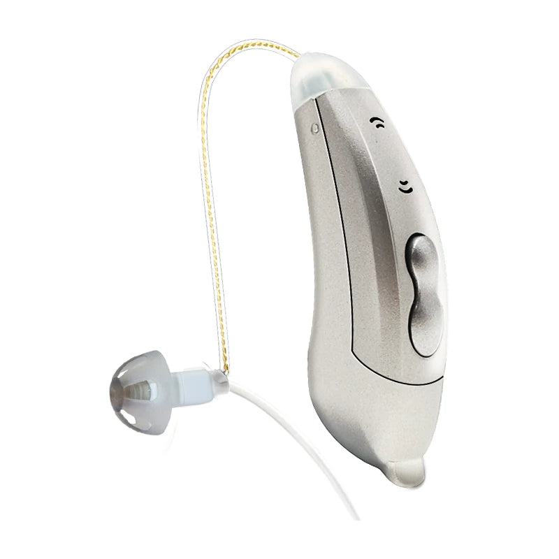 "Apparecchi acustici Bluetooth, discreti e moderni, visuale frontale. Controllo tramite app per udito cristallino ovunque."