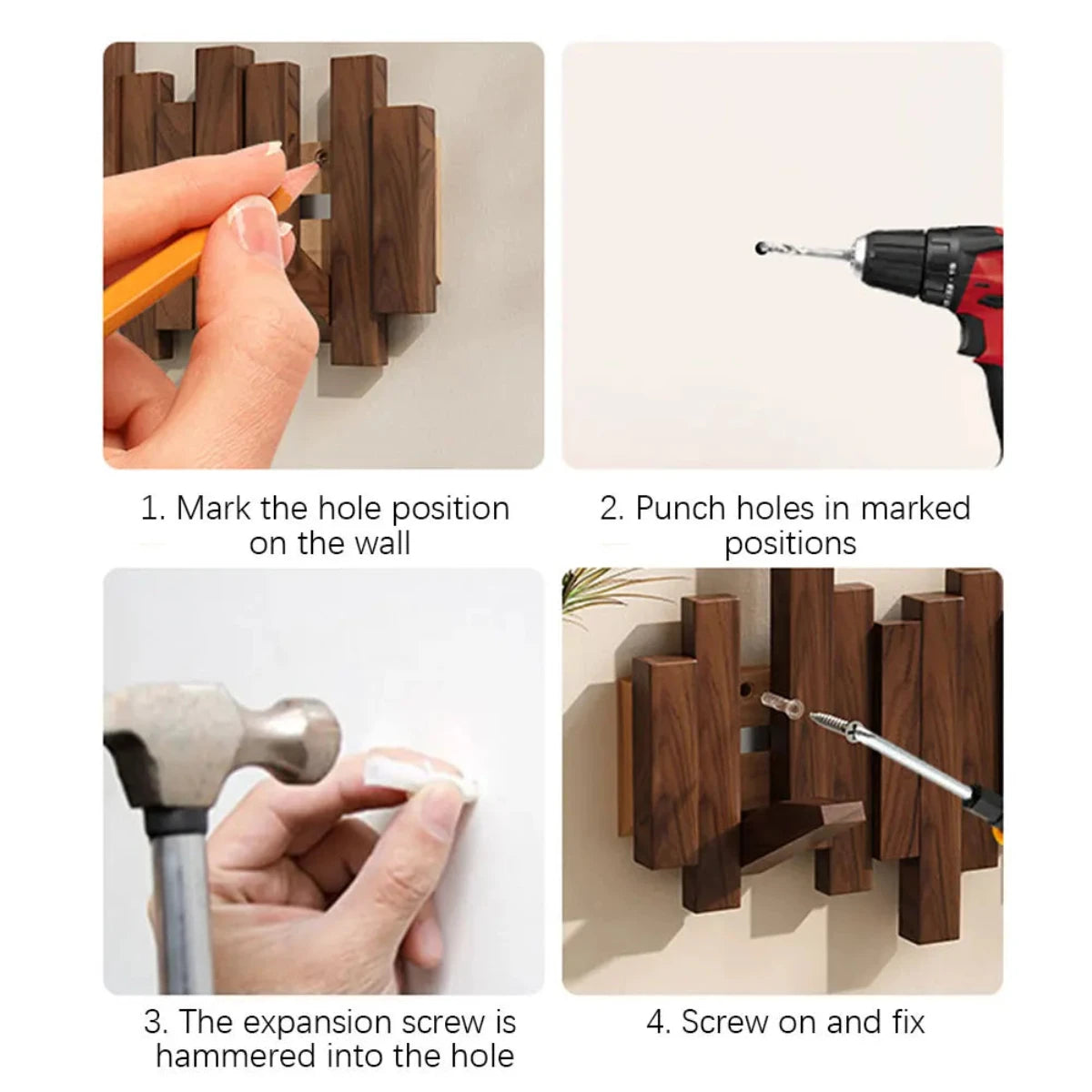 "Appendiabiti da parete in legno noce o faggio con ganci, design minimalista per giacche, borse e cappelli"