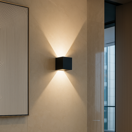 Applique LED moderna in alluminio, design minimalista, luce calda, 10x10 cm, per interni ed esterni, colore nero.