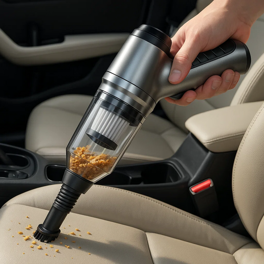 Aspirapolvere auto portatile compatto, colore nero e grigio, design moderno per pulizia efficiente senza cavi.