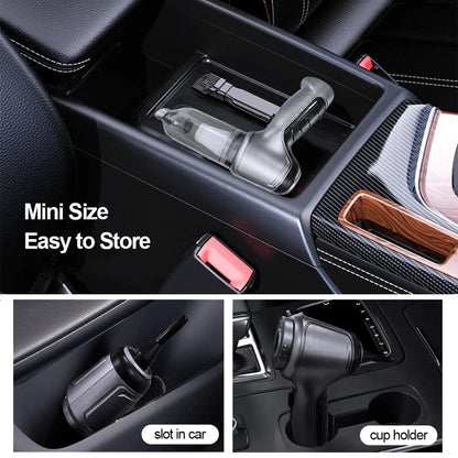 Aspirapolvere auto portatile compatto, colore nero e grigio, design moderno per pulizia efficiente senza cavi.