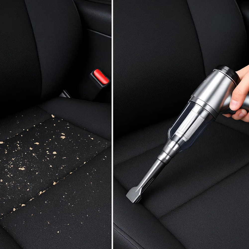 Aspirapolvere auto portatile compatto, colore nero e grigio, design moderno per pulizia efficiente senza cavi.
