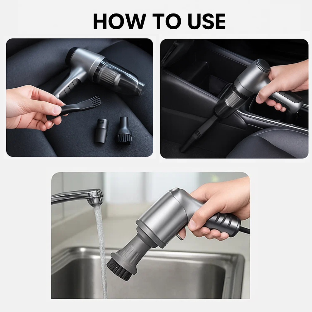 Aspirapolvere auto portatile compatto, colore nero e grigio, design moderno per pulizia efficiente senza cavi.