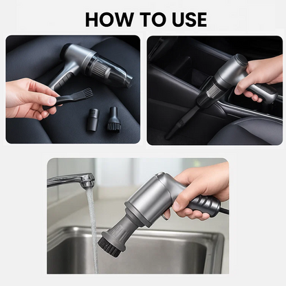Aspirapolvere auto portatile compatto, colore nero e grigio, design moderno per pulizia efficiente senza cavi.