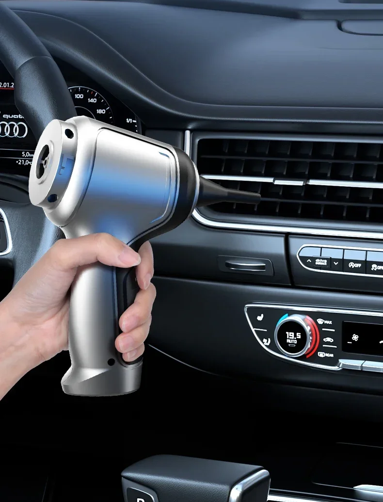 "Aspirapolvere senza fili potente, elegante in argento, leggero per auto e casa, struttura robusta in ABS."