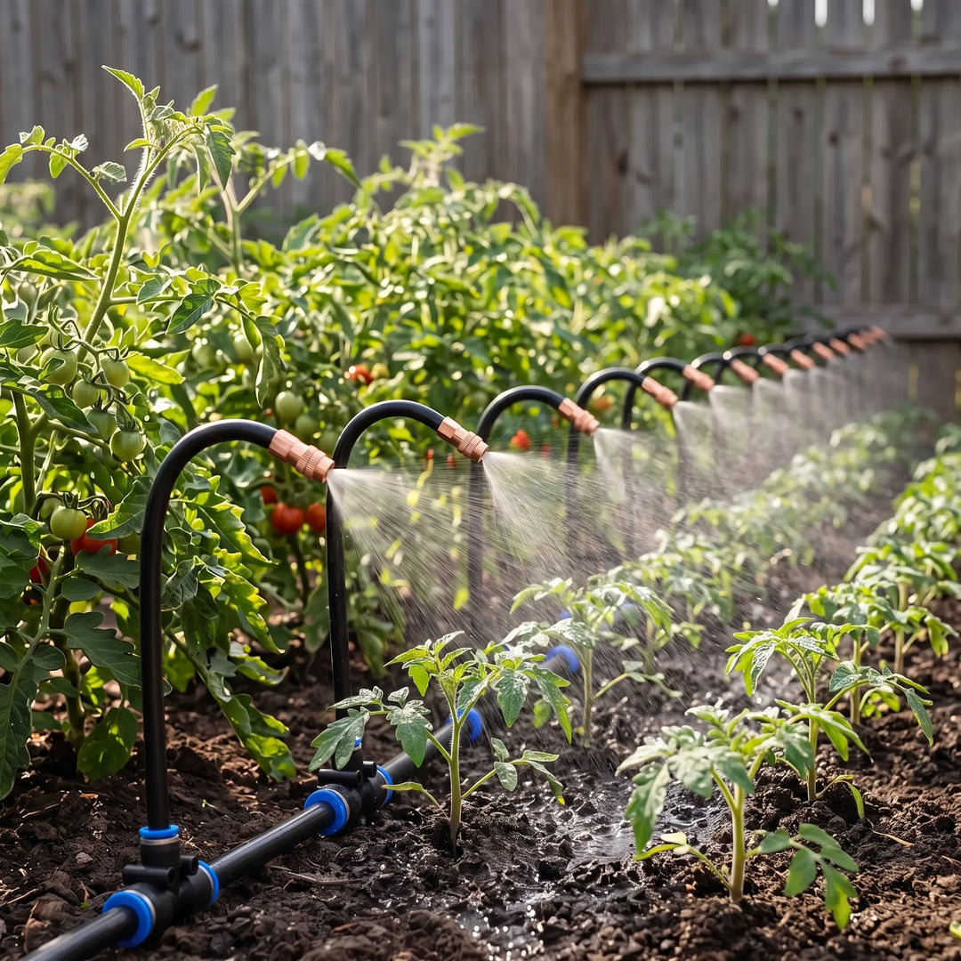 Automated garden misting system for efficient outdoor plant watering and cooling.