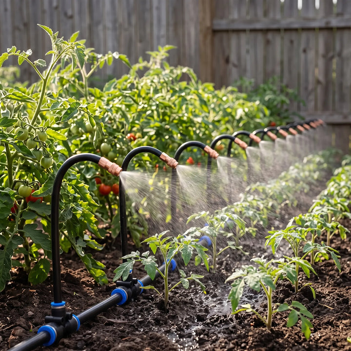 Automated garden misting system for efficient outdoor plant watering and cooling.
