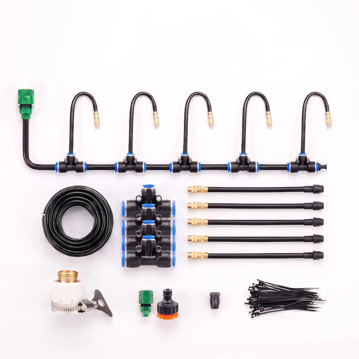 DIY automated misting kit with fine spray nozzles for precise watering in gardens & greenhouses.