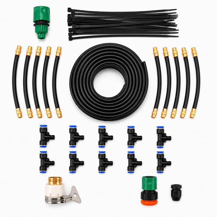 Energy-efficient garden misting system ensuring consistent hydration for all outdoor plants.