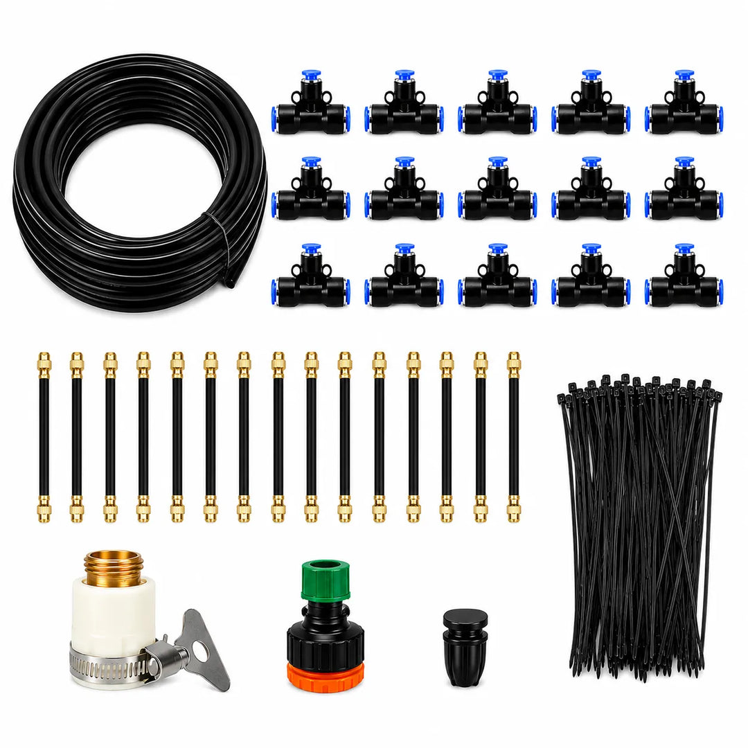 Programmable automatic watering system delivering fine mist for healthy garden & patio plants.