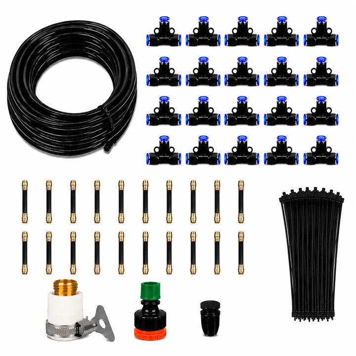 Complete garden irrigation misting kit to keep outdoor plants cool & well-hydrated automatically.
